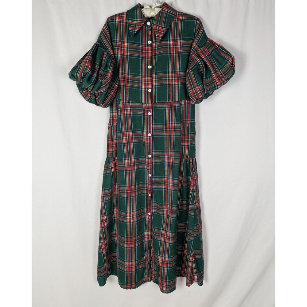 Women's Dress S Green Tartan Check Short Balloon Sleeve Button Down Shirt Dress - Picture 1 of 8